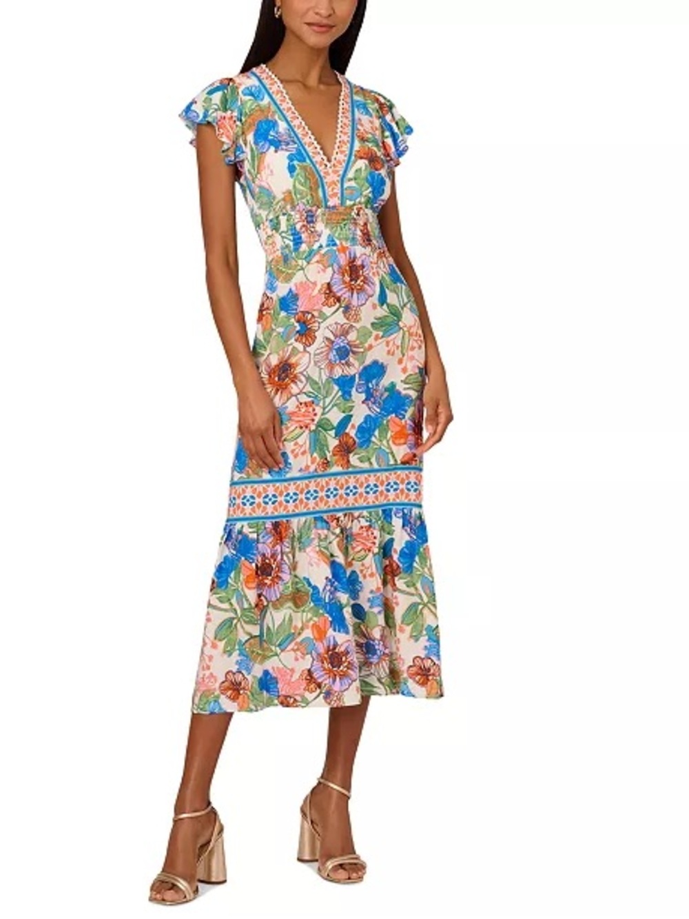 Adrianna Papell Floral V‑Neck Midi Dress
